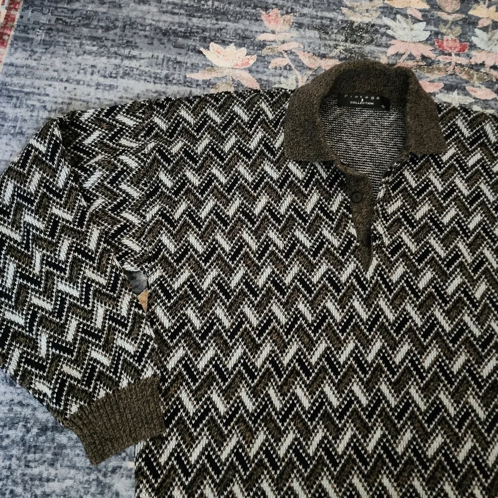 Protege Collection Oversized Geometric Knit Pullover Collared Sweater L